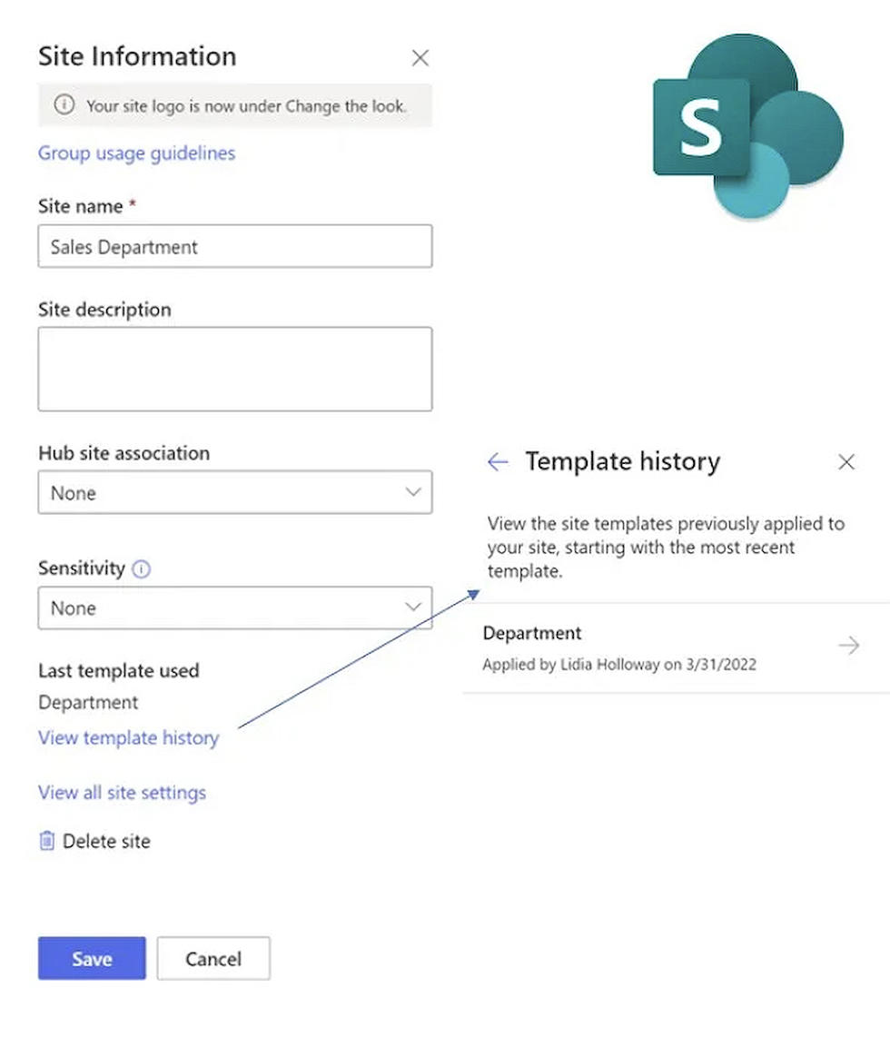 New Release - SharePoint Site template history panel