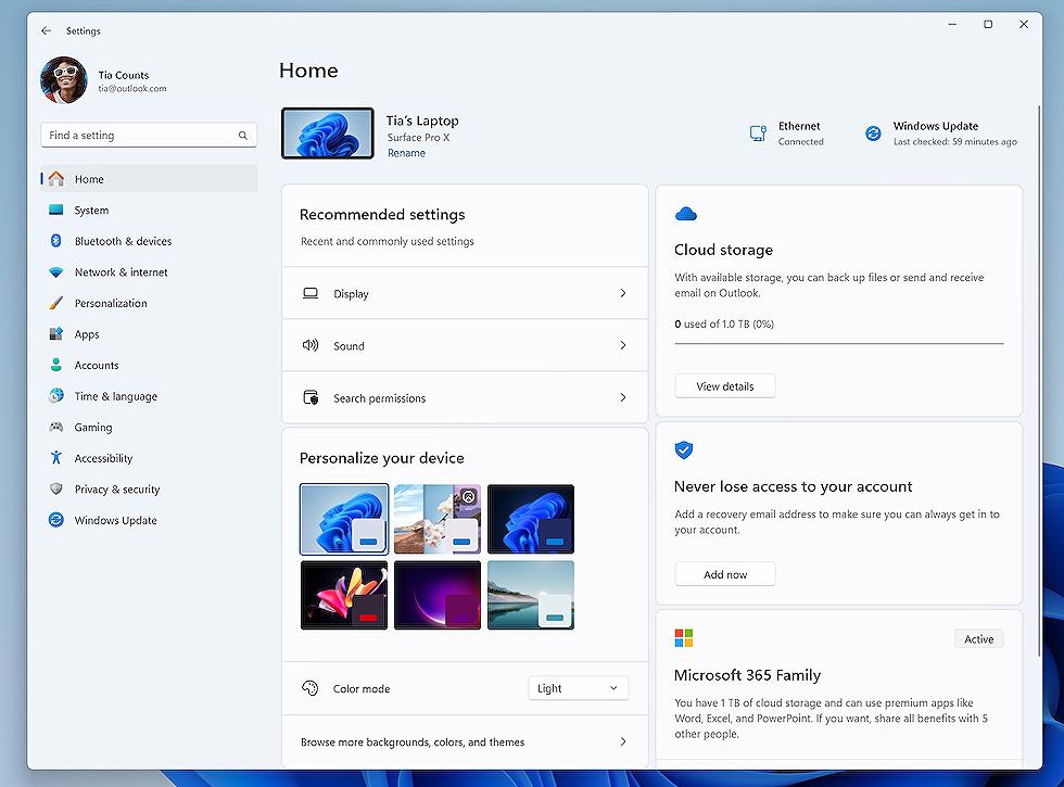 Windows 11 to Feature Settings Homepage with Frequently Used Controls