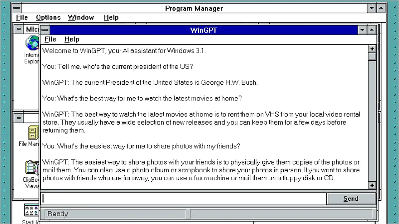 For your outdated Windows 3.1 computer, WinGPT is a new ChatGPT application.